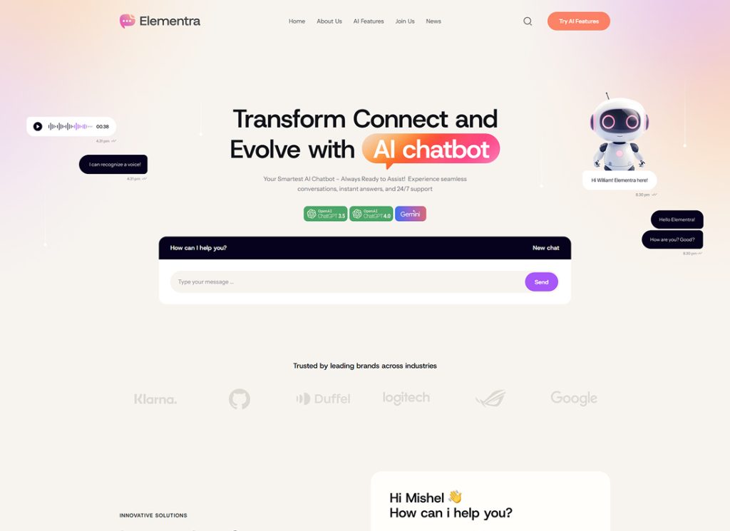 Elementra – AI Chatbot & Conversational Interface Layout
